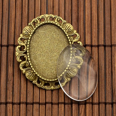 25x18mm Transparent Glass Cabochons and Vintage Alloy Brooch Cabochon Bezel Settings DIY-X0187-AB-NF-1