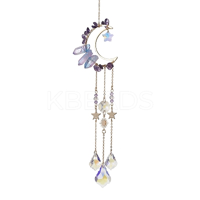 Moon Natural Amethyst & Electroplated Natural Quartz Crystal Pendants Decorations HJEW-JM01265-1