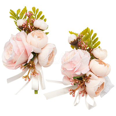 2Pcs 2 Style Silk Cloth Rose Flower Boutonniere Brooch & Wrist Corsage AJEW-CP0001-52-1