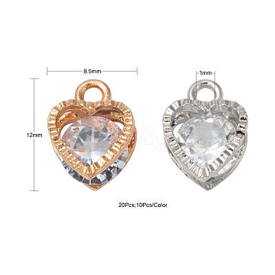 20Pcs 2 Colors Valentine's Day Theme Heart Alloy Micro Clear Cubic Zirconia Charms ZIRC-FS0001-01-1