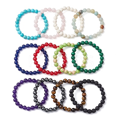 12Pcs 12 Styles 8mm Mixed Gemstone Round Beaded Stretch Bracelets Sets BJEW-JB10929-1
