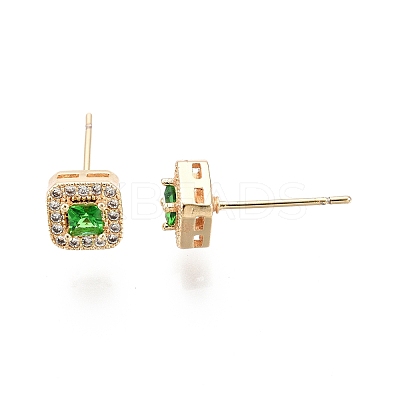 Green Glass Square Stud Earrings with Cubic Zirconia EJEW-G321-08G-1