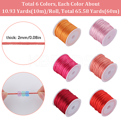 6 Rolls 6 Colors Nylon Satin Rattail Cords NWIR-SC0001-10-1