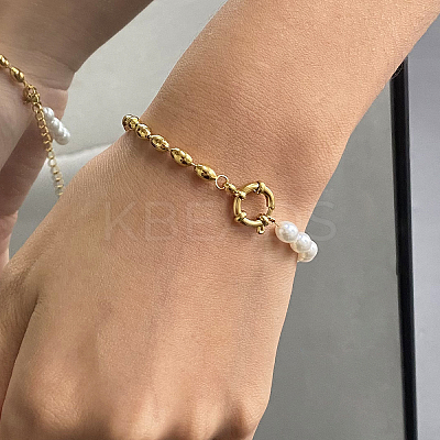 Fashion Plastic Pearl & 304 Stainless Steel Oval Beaded Link Bracelets for Women UP6693-1