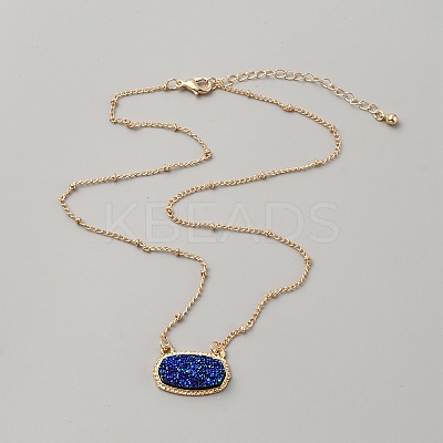 Simulated Druzy Resin Oval Pendant Necklace with Alloy Satellite Chains NJEW-WH0016-39G-04-1