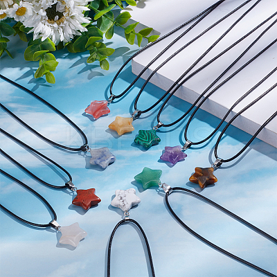 10Pcs 10 Style Natural Mixed Gemstone Star Pendant Necklaces Set with Wax Cords NJEW-AN0001-56-1