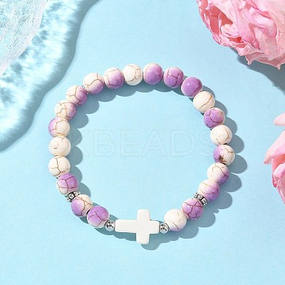 Baking Paint Synthetic Turquoise Round & Cross Beads Stretch Bracelets for Men Women BJEW-JB12339-01-1