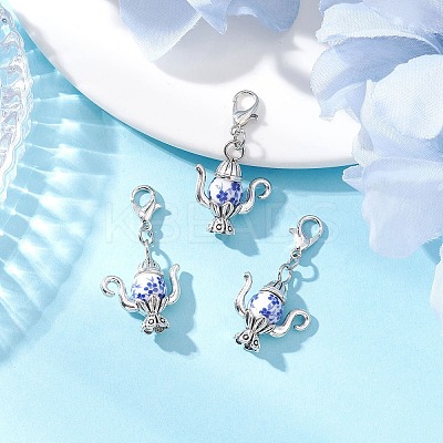 Handmade Flower Printed Porcelain & Tibetan Style Alloy Teapot Pendant Decorations HJEW-JM03670-1