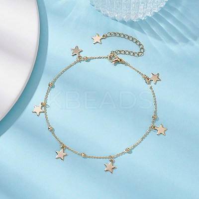 304 Stainless Steel Star Charm Anklets with Brass Satellite Chains AJEW-AN00549-1