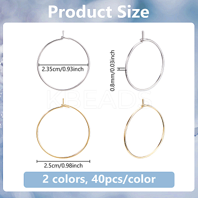 80Pcs 2 Colors 316 Surgical Stainless Steel Hoop Earrings Findings STAS-DC0016-50A-1