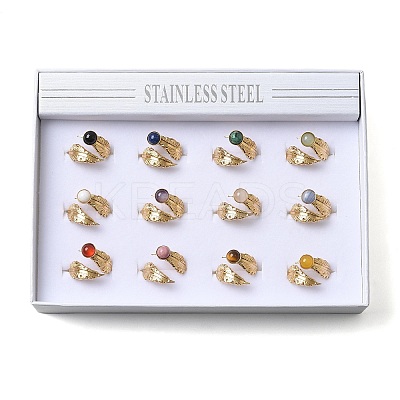 Round Natural Mixed Stone Finger Rings RJEW-C119-08G-1