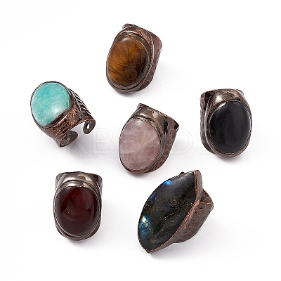 Oval Gemstone Cuff Ring RJEW-D077-14AG-1