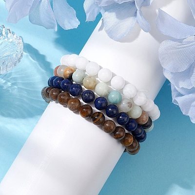 4Pcs Constellation 8mm Round Natural Lapis Lazuli & Malaysia Jade & Flower Amazonite & Yellow Tiger Eye Beaded Stretch Bracelets for Women BJEW-JB10638-1