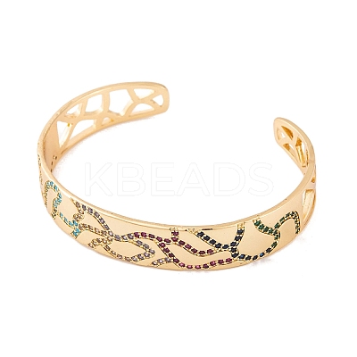 Brass Pave Colorful Cubic Zirconia Hollow Open Cuff Bangles for Women BJEW-S147-09G-A-1