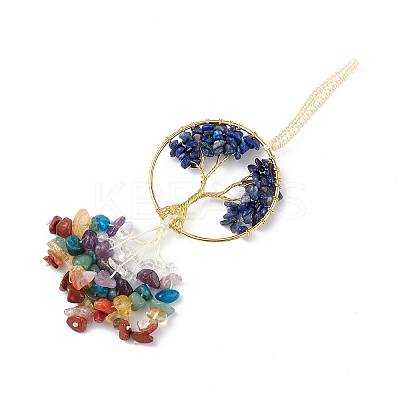 Natural Lapis Lazuli Tree of Life with Mixed Gemstone Chips Tassel Big Pendant Decorations HJEW-H057-03G-A07-1