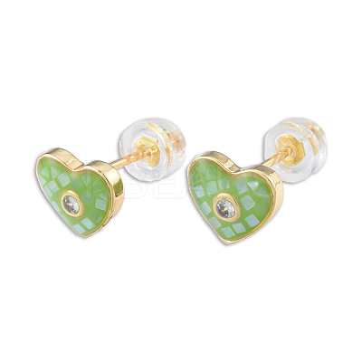 Natural Shell & Enamel Heart Stud Earrings with Cubic Zirconia EJEW-N011-79B-1