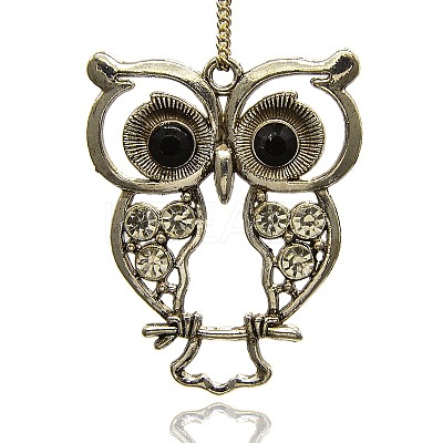 Antique Silver Alloy Rhinestone Owl Large Pendants ALRI-J005-01AS-1