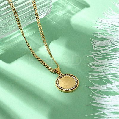 201 Stainless Steel Crystal Rhinestone Muslim Islamic Religion Flat Round Pendant Necklaces NJEW-P327-05G-1