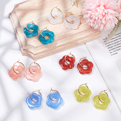 6 Pairs 6 Colors Cute Acrylic Flower Dangle Hoop Earrings EJEW-AN0003-47-1