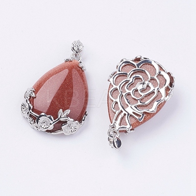 Teardrop with Flower Platinum Plated Brass Goldstone Pendants G-F228-37C-RS-1