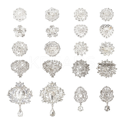 10Pcs 10 Styles Flower & Heart & Teardrop Crystal Rhinestone Brooches Set JEWB-BY0001-04-1