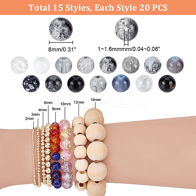 300Pcs 15 Style Baking Paint/Spray Painted Crackle/Drawbench Transparent Glass Beads Strands DIY-HY0001-33-1