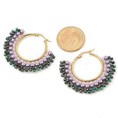 304 Stainless Steel & Bohemian Beaded Fan Hoop Earrings for Women EJEW-R001-01G-02-1