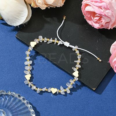 Natural Rose Quartz Chip & Heart Brass Braided Bead Bracelets BJEW-JB10592-1