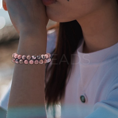 Natural Rhodonite Braided Bead Bracelet BJEW-SW00001-17-1