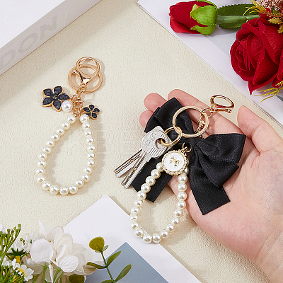 4Pcs 2 Styles Alloy Enamel Flower & Cloth Bowknot Pendant Keychains AJEW-HS0001-25B-1