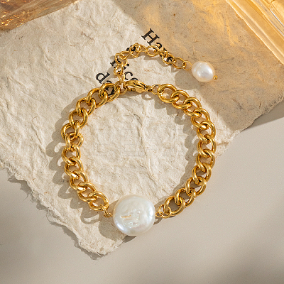 Elegant Flat Round Elegant Baroque Pearl Bead Link Bracelets LS-SX2805-2-1