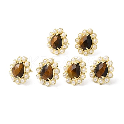 Ion Plating(IP) Natural Tiger Eye Teardrop Stud Earrings with Plastic Pearl Beaded EJEW-E599-05G-01-1