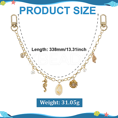 Alloy & 304 Stainless Steel & Natural Freshwater Pearl & Natural Cowrie Shell Sea Horse Charm Brass Cable Chain Bag Decorative Chains HJEW-ME00053-1