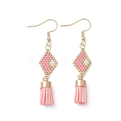 Seed Beaded Rhombus with Tassel Dangle Earrings EJEW-MZ00080-01-1