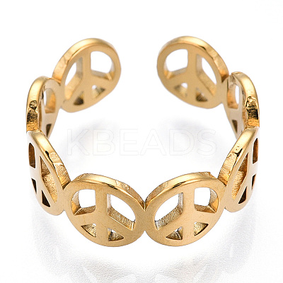 Ion Plating(IP) 304 Stainless Steel Peace Sign Open Cuff Ring for Women LS-RJEW-T027-08G-1