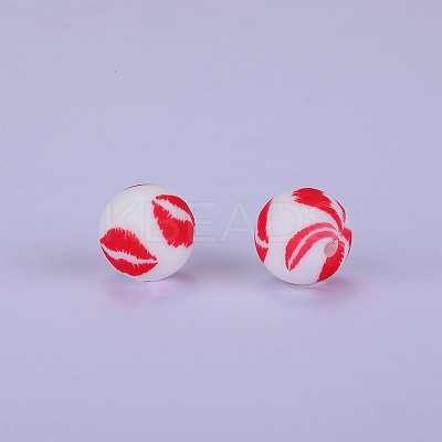 Printed Round with Lip Pattern Silicone Focal Beads SI-JX0056A-193-1