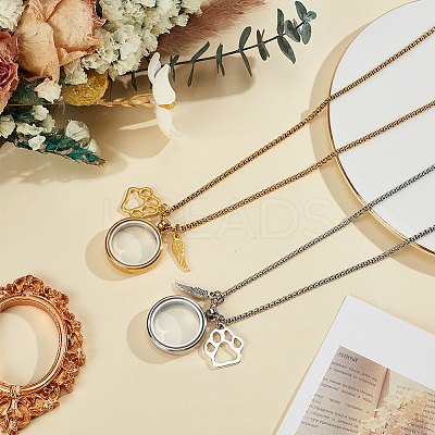 2Pcs 2 Colors Stainless Steel Paw Print Feather Flat Rond Pet Fur Locket Pendant Box Chain Necklaces NJEW-DR00016-1