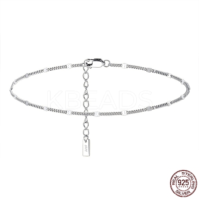 Rhodium Plated 925 Sterling Silver Curb Chain Anklet with Rectangle Charm AJEW-F162-001P-1