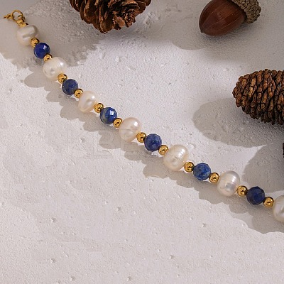 304 Stainless Steel & Natural Freshwater Pearl & Lapis Lazuli Beaded Bracelets for Women BJEW-B162-03G-1