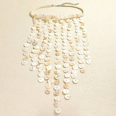 Woven Natural Shell Disc Tassel Bib Necklaces for Women WG912B9-01-1