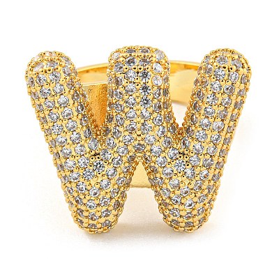 Brass Micro Pave Clear Cubic Zirconia Letter Open Cuff Ring for Women RJEW-M173-01G-W-1