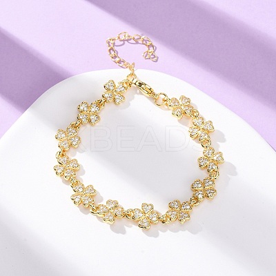 Brass Micro Pave Clear Cubic Zirconia Link Bracelets for Women BJEW-D342-04G-1