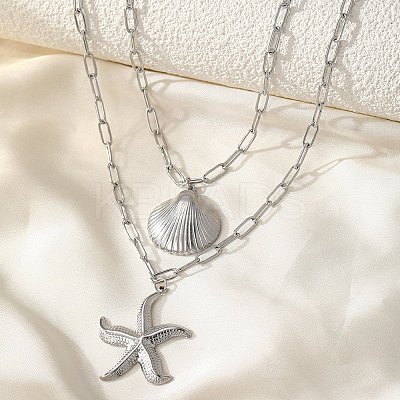 Bohemian Styles 304 Stainless Steel Starfish and Shell Shape Pendant Double Layer Necklaces for Women LS-NJEW-F343-01P-1