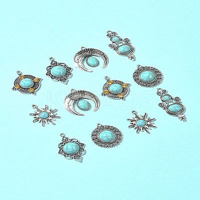 12Pcs 6 Styles Tibetan Style Alloy Pave Imitation Turquoise Pendants FIND-FS0002-81-1