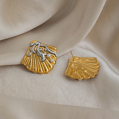 Two Tone 304 Stainless Steel Shell Pearl Stud Earrings for Women IE0729-1