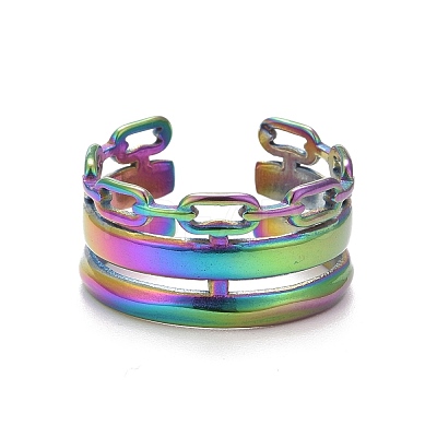 Ion Plating(IP) Rainbow Color 304 Stainless Steel Cable Chain Shape Open Cuff Ring for Women RJEW-C025-28M-1