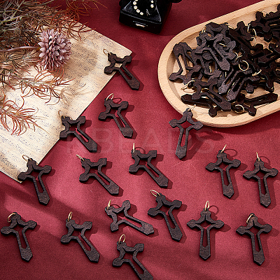 50Pcs Cross Wood Pendants PALLOY-FH00175-1