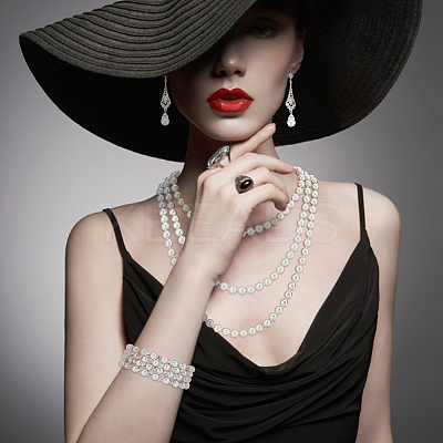 Plastic Pearl Beaded Necklace & Wrap Bracelet & Teardrop Dangle Stud Earrings with Crystal Rhinestone SJEW-AN0001-03-1