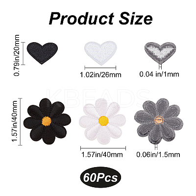 60Pcs 4 Style Sunflower & Love Heart Shape Computerized Embroidery Cloth Iron on/Sew on Patches DIY-GF0006-77-1