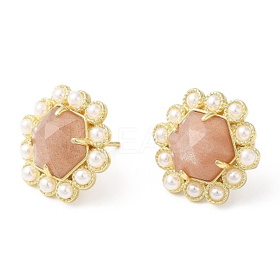 Ion Plating(IP) Natural Sunstone Hexagon Stud Earrings with Plastic Pearl Beaded EJEW-E287-01G-03-1